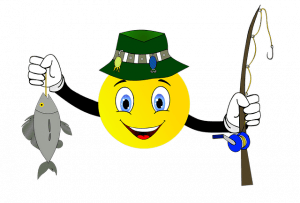 Smiley face with fishing rod, angler cap, and a fish